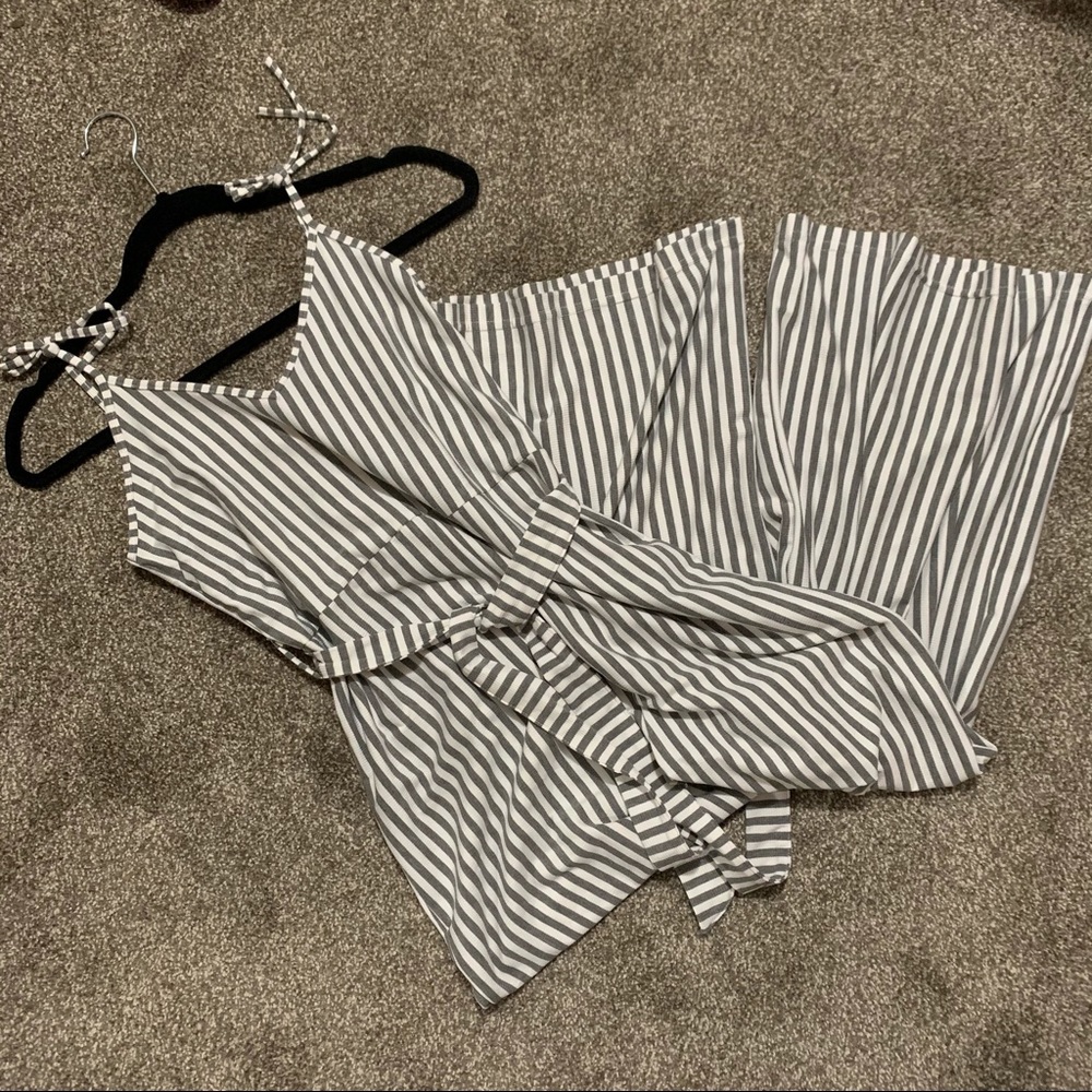 Striped Tie Shoulder Wide Leg Ribbed Jumpsuit